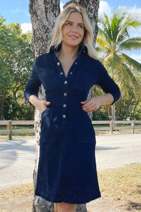 Sosandar Dark Indigo Popper Front 34 Sleeve Stretch Denim Dress Dark Indigo Women Dresses