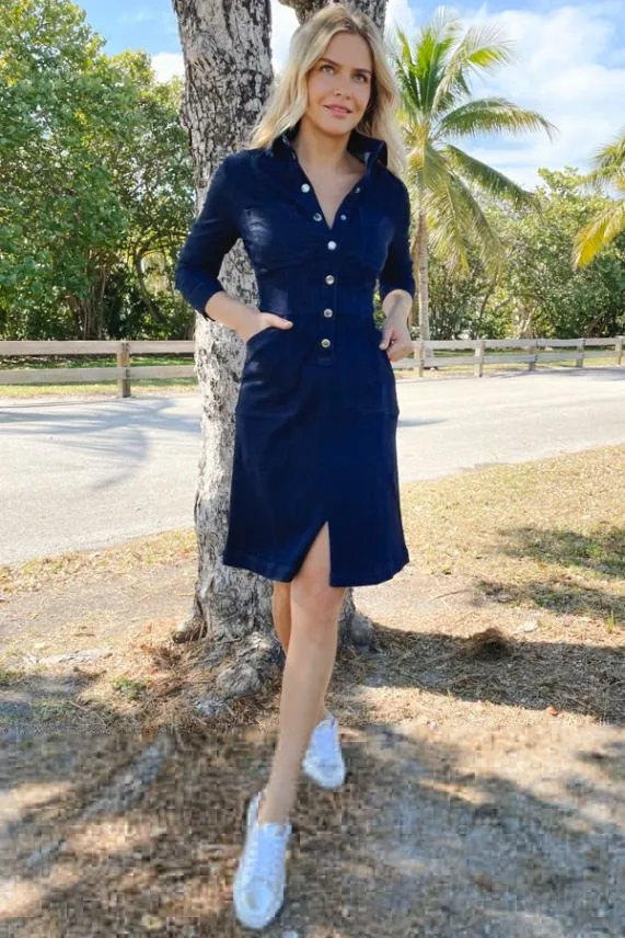 Sosandar Dark Indigo Popper Front 34 Sleeve Stretch Denim Dress Dark Indigo Women Dresses