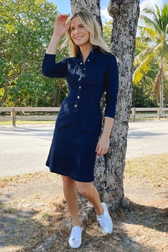 Sosandar Dark Indigo Popper Front 34 Sleeve Stretch Denim Dress Dark Indigo Women Dresses
