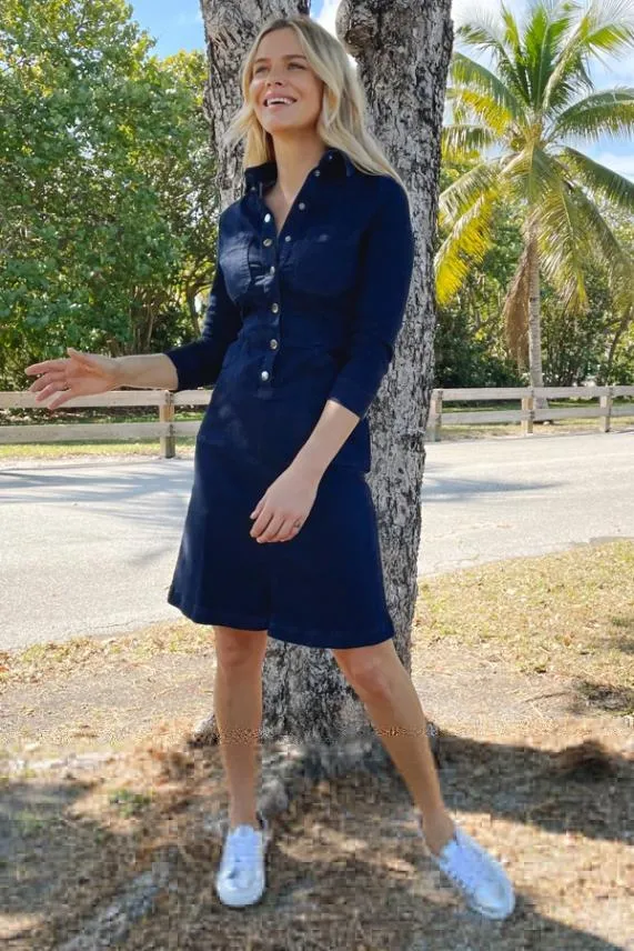 Sosandar Dark Indigo Popper Front 34 Sleeve Stretch Denim Dress Dark Indigo Women Dresses
