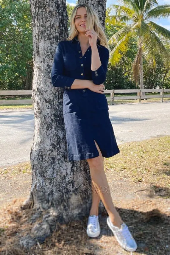 Sosandar Dark Indigo Popper Front 34 Sleeve Stretch Denim Dress Dark Indigo Women Dresses