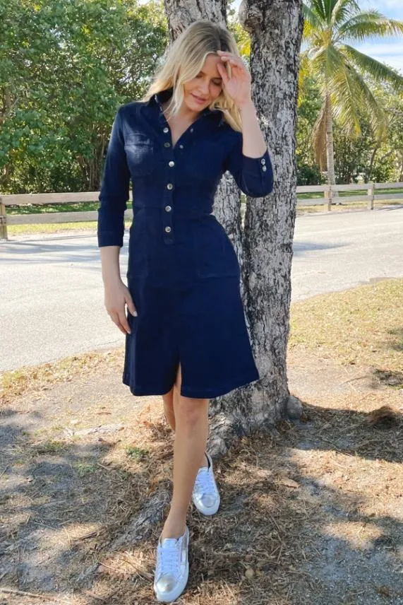 Sosandar Dark Indigo Popper Front 34 Sleeve Stretch Denim Dress Dark Indigo Women Dresses