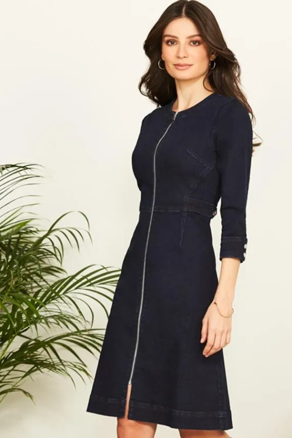 Sosandar Dark Indigo Zip Front Collarless Denim Dress Dark Indigo Women Dresses Sosandar Dark Indigo Zip Front Collarless Denim Dress Dark Indigo Women Dresses