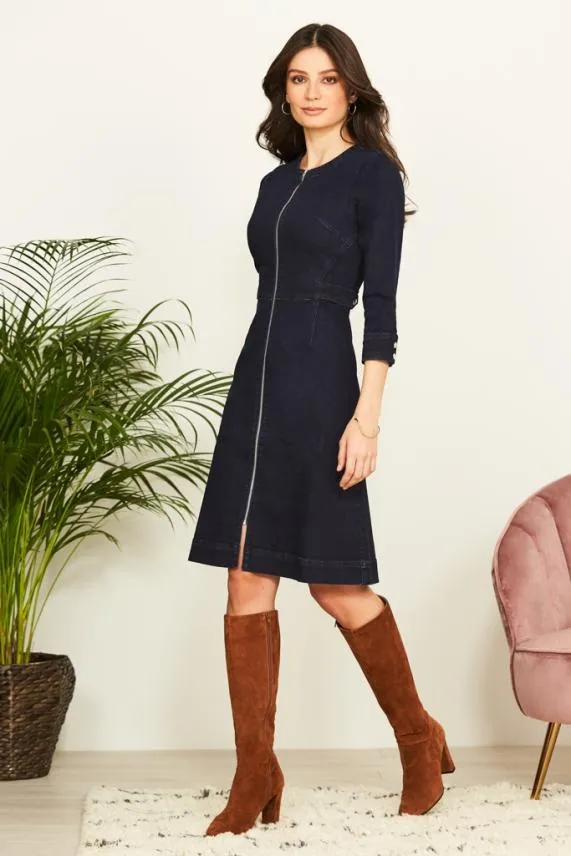 Sosandar Dark Indigo Zip Front Collarless Denim Dress Dark Indigo Women Dresses