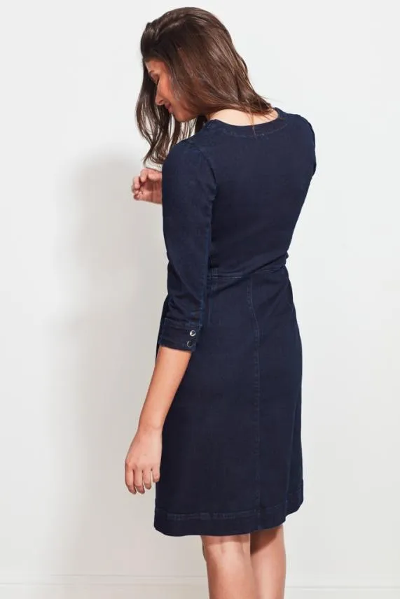 Sosandar Dark Indigo Zip Front Collarless Denim Dress Dark Indigo Women Dresses