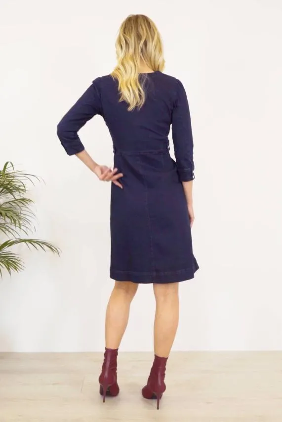 Sosandar Dark Indigo Zip Front Collarless Denim Dress Dark Indigo Women Dresses