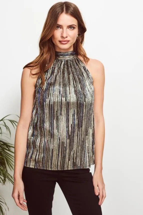 Sosandar Gold and Black Metallic Stripe Top Black Women Tops