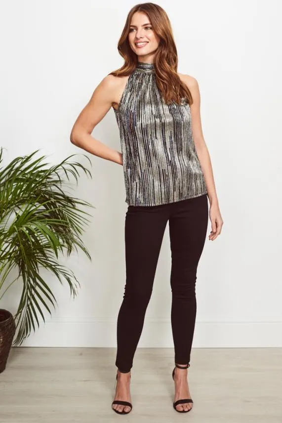 Sosandar Gold and Black Metallic Stripe Top Black Women Tops