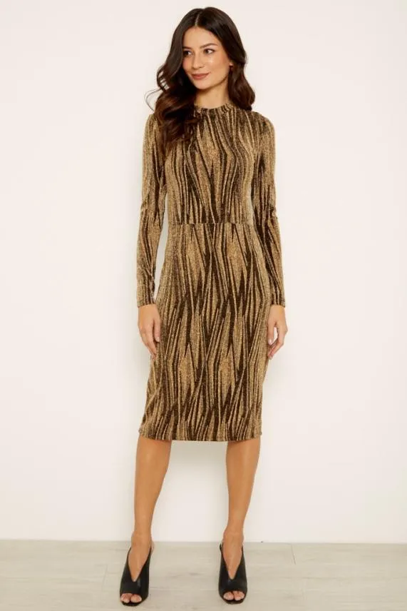 Sosandar Gold Metallic Thread Stretch Dress Women Dresses