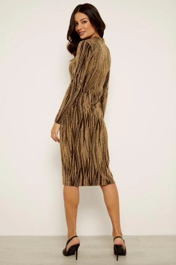 Sosandar Gold Metallic Thread Stretch Dress Women Dresses