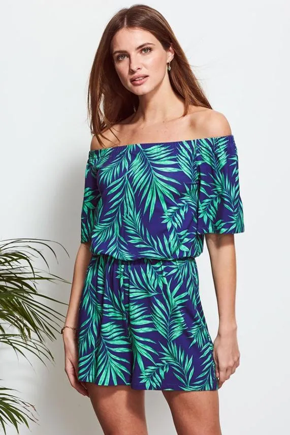 Sosandar Green and Blue Palm Print Jersey Playsuit Green Blue Women Jumpsuits and Playsuits Sosandar Green and Blue Palm Print Jersey Playsuit Green Blue Women Jumpsuits and Playsuits