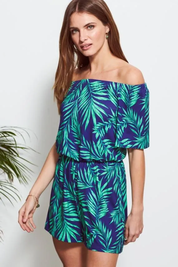 Sosandar Green and Blue Palm Print Jersey Playsuit Green Blue Women Jumpsuits and Playsuits