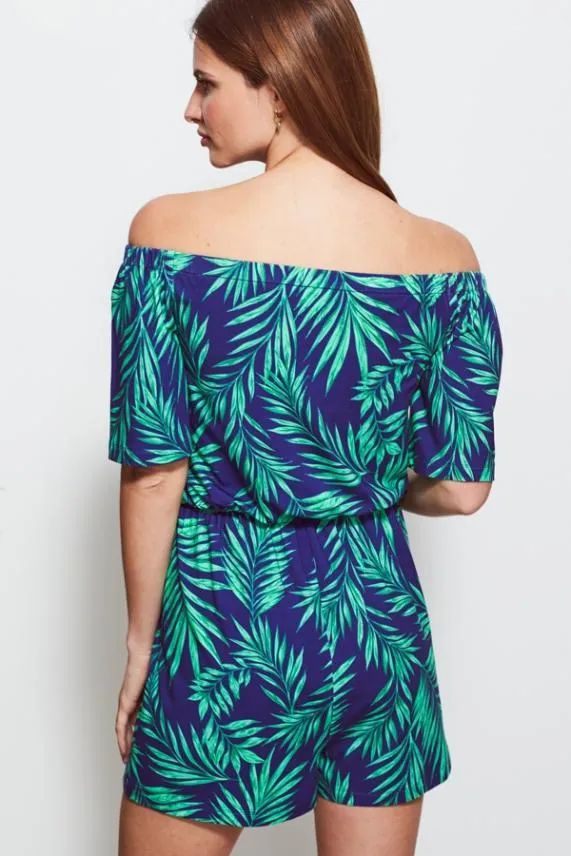 Sosandar Green and Blue Palm Print Jersey Playsuit Green Blue Women Jumpsuits and Playsuits