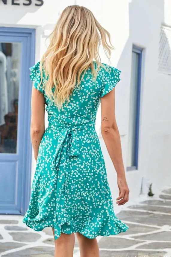 Sosandar Green and White Floral Print Ruffle Hem Wrap Dress Green White Women Dresses