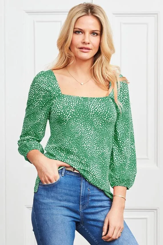 Sosandar Green Confetti Spot Print Square Neck Jersey Top Green Women Tops