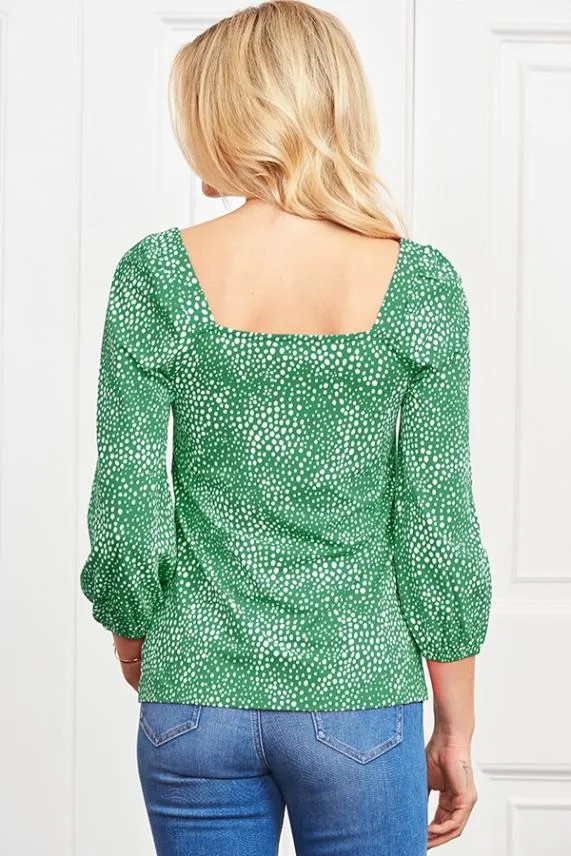 Sosandar Green Confetti Spot Print Square Neck Jersey Top Green Women Tops