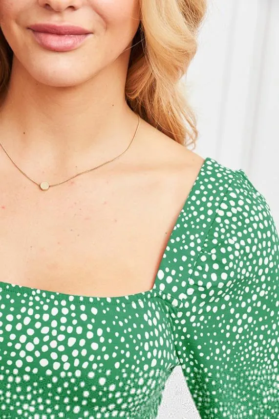 Sosandar Green Confetti Spot Print Square Neck Jersey Top Green Women Tops