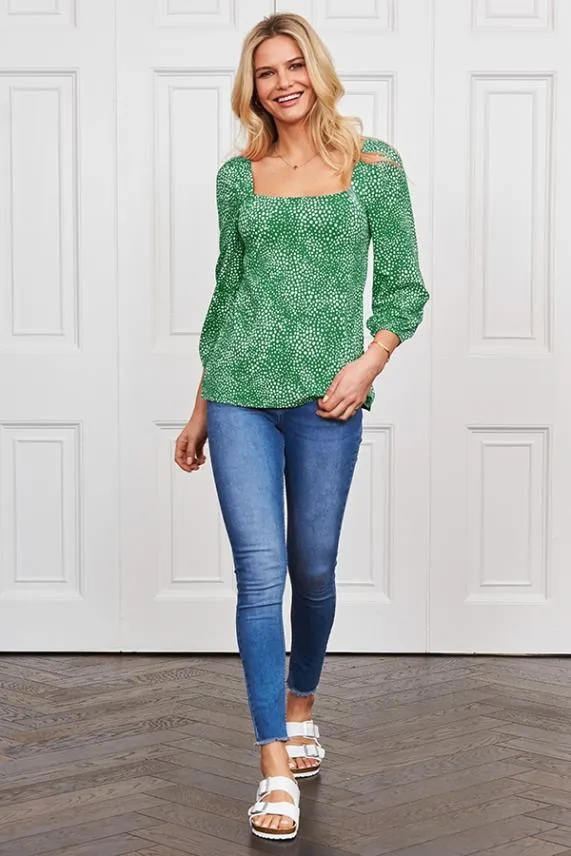 Sosandar Green Confetti Spot Print Square Neck Jersey Top Green Women Tops