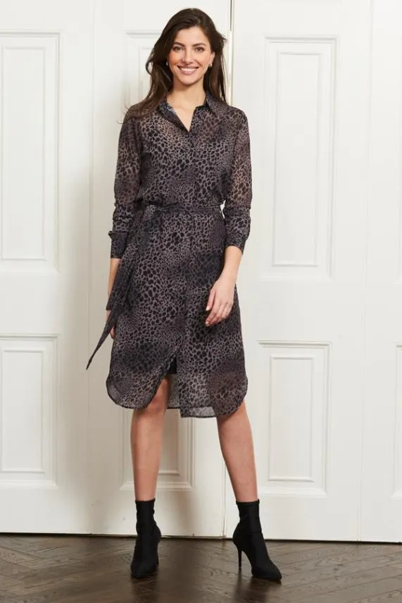 Sosandar Grey Animal Print Belted Midi Shirt Dress Grey Women Dresses