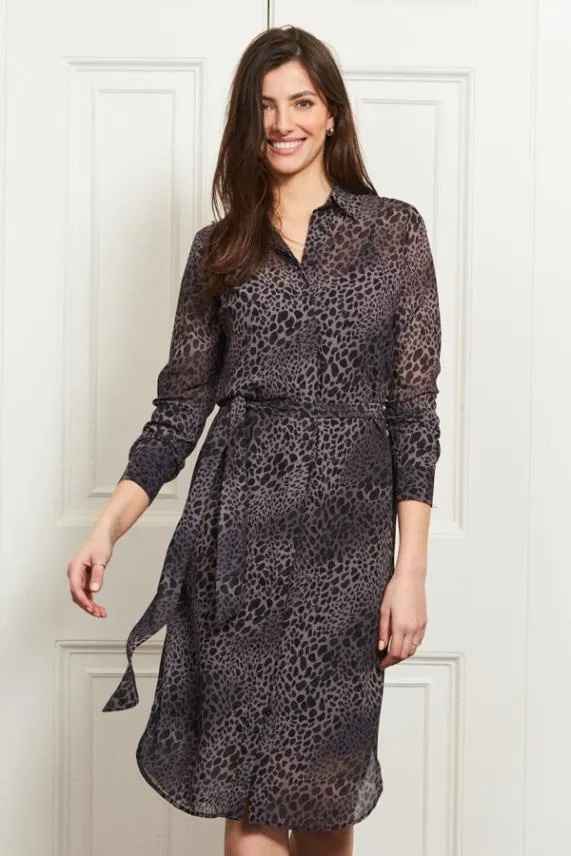 Sosandar Grey Animal Print Belted Midi Shirt Dress Grey Women Dresses