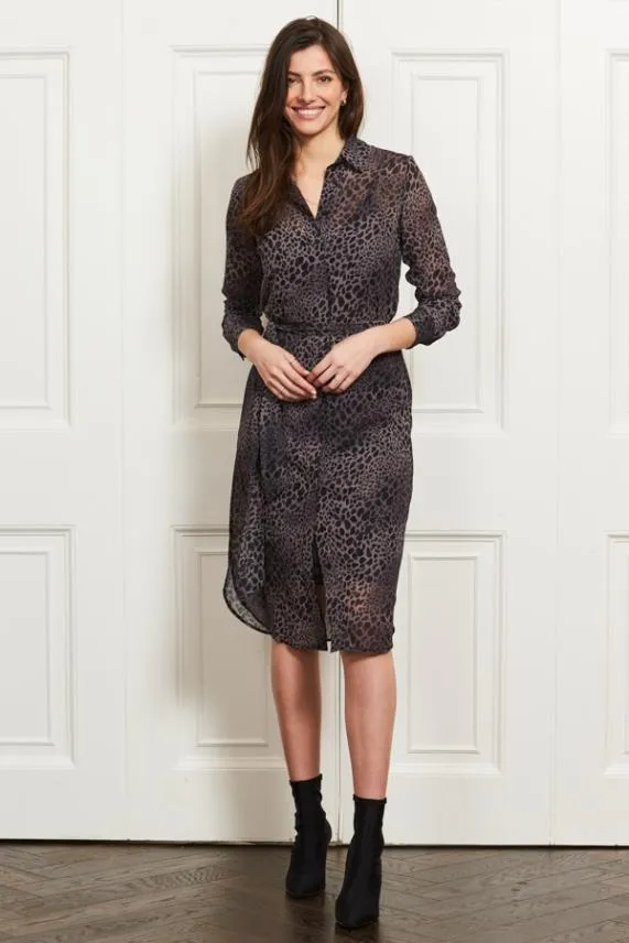 Sosandar Grey Animal Print Belted Midi Shirt Dress Grey Women Dresses