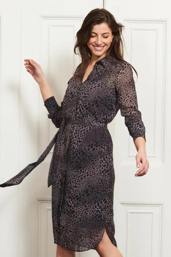 Sosandar Grey Animal Print Belted Midi Shirt Dress Grey Women Dresses