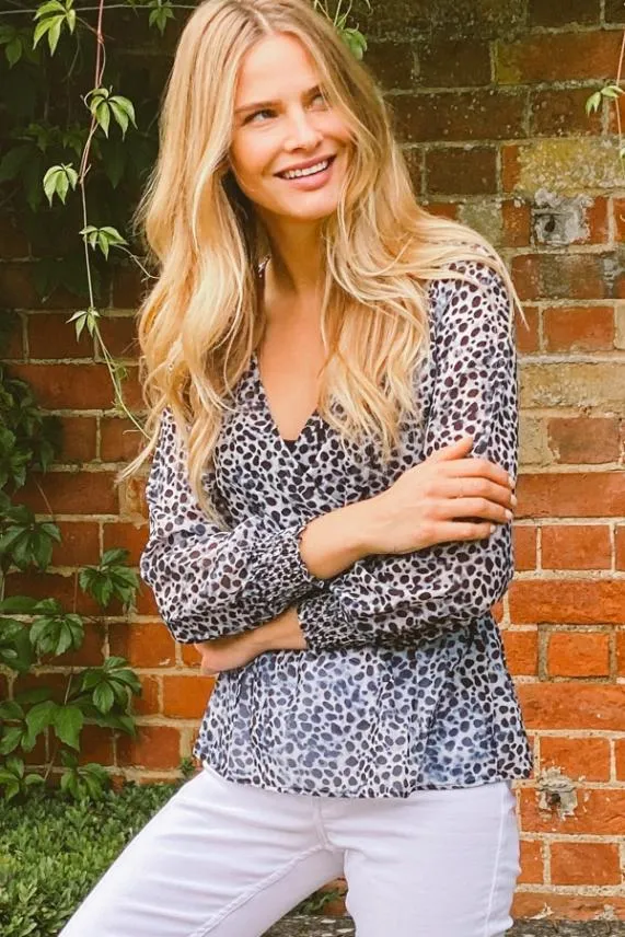 Sosandar Grey Animal Spot Print Faux Wrap Top Grey Women Tops