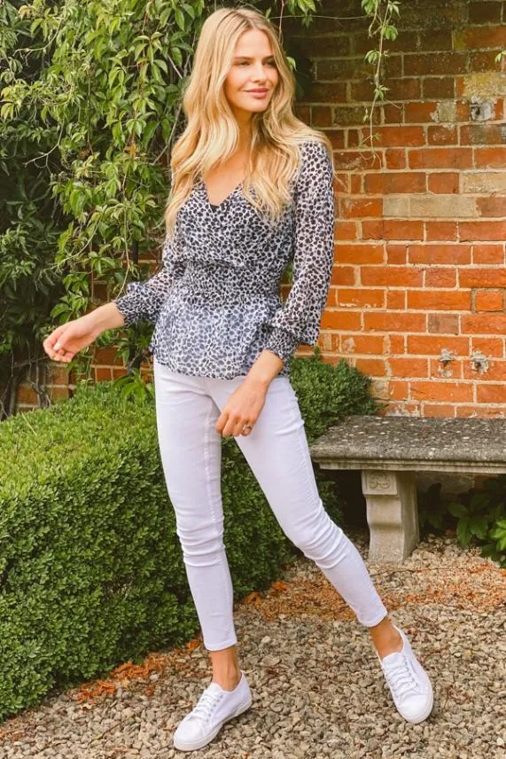 Sosandar Grey Animal Spot Print Faux Wrap Top Grey Women Tops