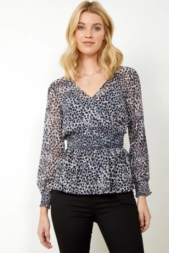 Sosandar Grey Animal Spot Print Faux Wrap Top Grey Women Tops