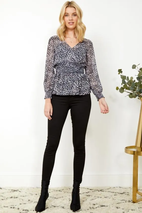 Sosandar Grey Animal Spot Print Faux Wrap Top Grey Women Tops