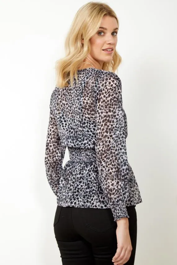 Sosandar Grey Animal Spot Print Faux Wrap Top Grey Women Tops