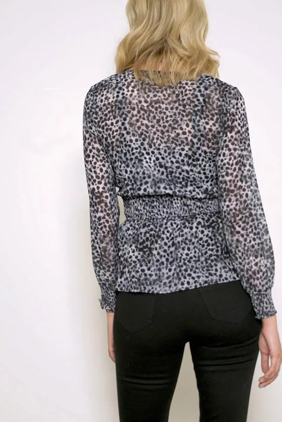 Sosandar Grey Animal Spot Print Faux Wrap Top Grey Women Tops
