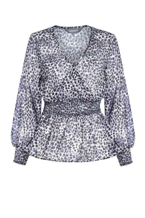 Sosandar Grey Animal Spot Print Faux Wrap Top Grey Women Tops