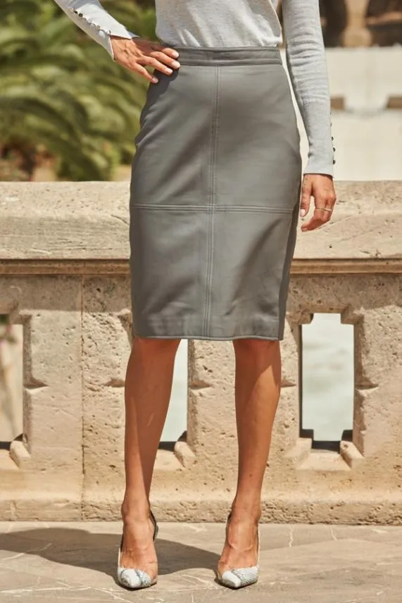Sosandar Grey Leather Panelled Pencil Skirt Grey Women Skirts