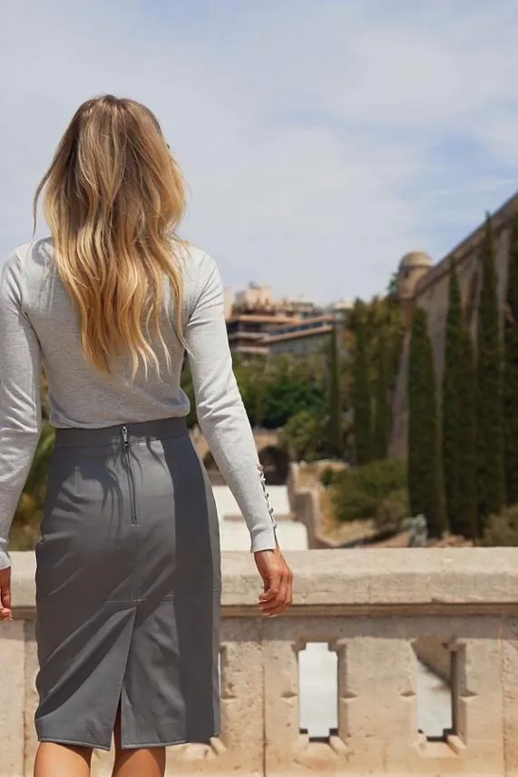 Sosandar Grey Leather Panelled Pencil Skirt Grey Women Skirts