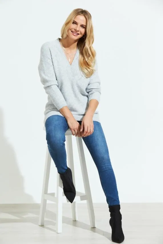 Sosandar Grey Super Soft V Neck Ribbed Jumper Grey Women Knitwear