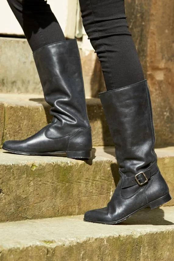 Sosandar Houston Black Buckle Detail Flat Leather Boot Black Women Boots