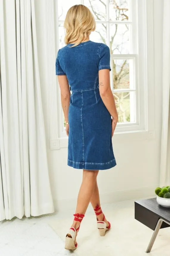 Sosandar Indigo Blue Short Sleeve Round Neck Zip Front Denim Dress Indigo Blue Women Dresses
