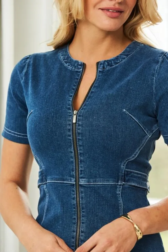 Sosandar Indigo Blue Short Sleeve Round Neck Zip Front Denim Dress Indigo Blue Women Dresses