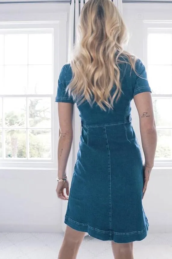 Sosandar Indigo Blue Short Sleeve Round Neck Zip Front Denim Dress Indigo Blue Women Dresses