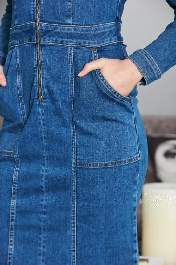 Sosandar Indigo Blue Zip Front Denim Pencil Dress With Pockets Indigo Blue Women Dresses