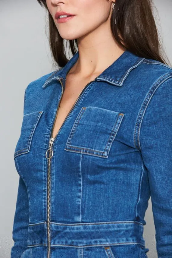 Sosandar Indigo Blue Zip Front Denim Pencil Dress With Pockets Indigo Blue Women Dresses