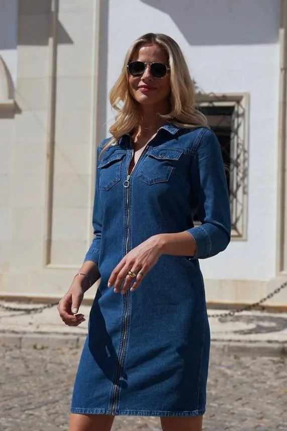 Sosandar Indigo Blue Zip Front Denim Shift Dress Indigo Blue Women Dresses