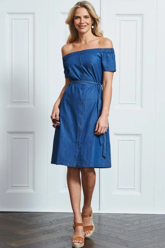 Sosandar Indigo Button Front Belted Bardot Denim Dress Indigo Women Dresses