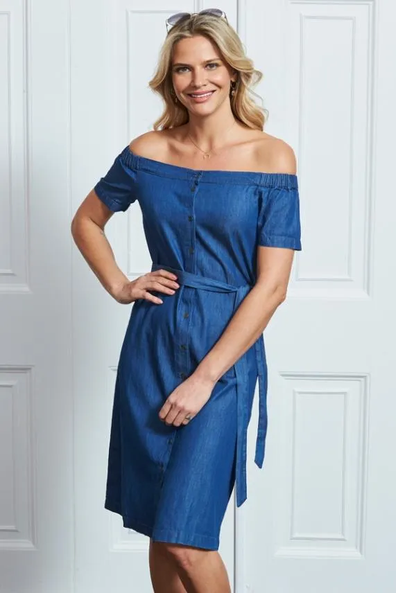 Sosandar Indigo Button Front Belted Bardot Denim Dress Indigo Women Dresses