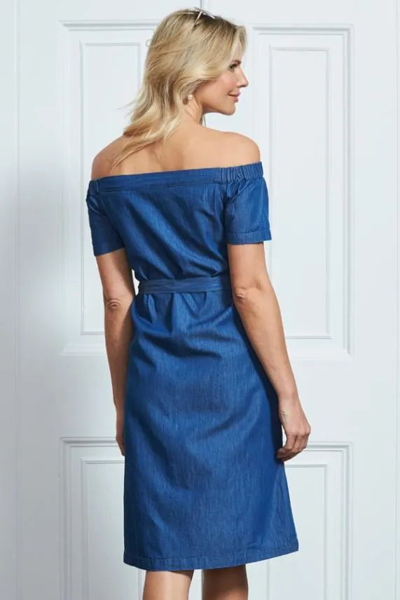 Sosandar Indigo Button Front Belted Bardot Denim Dress Indigo Women Dresses
