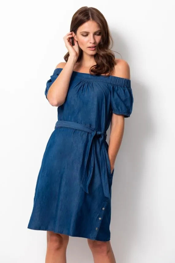 Sosandar Indigo Denim Bardot Dress With Pockets Indigo Women Dresses