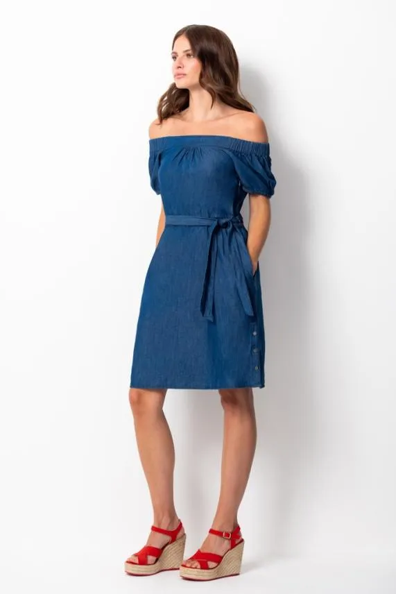 Sosandar Indigo Denim Bardot Dress With Pockets Indigo Women Dresses