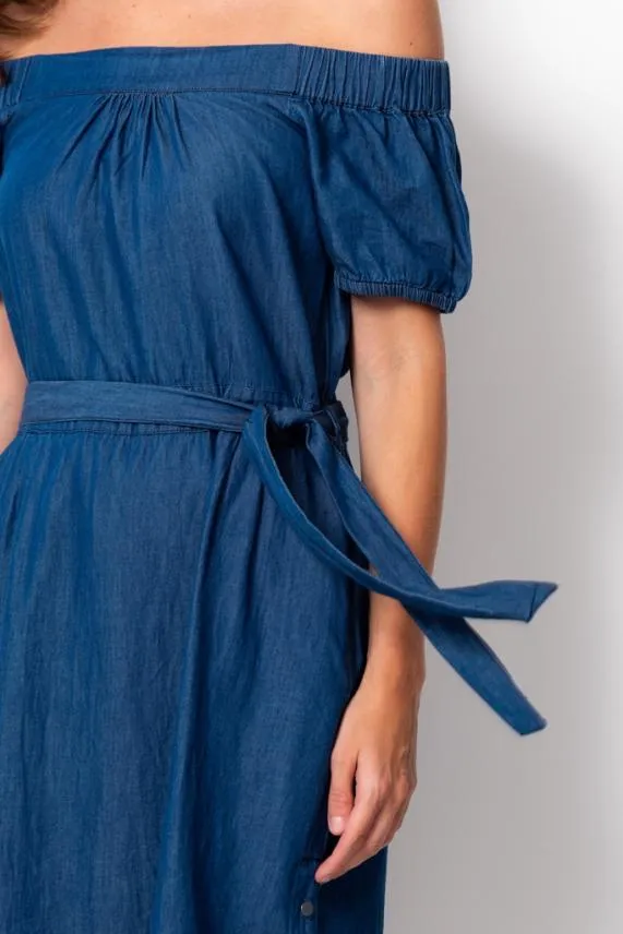 Sosandar Indigo Denim Bardot Dress With Pockets Indigo Women Dresses
