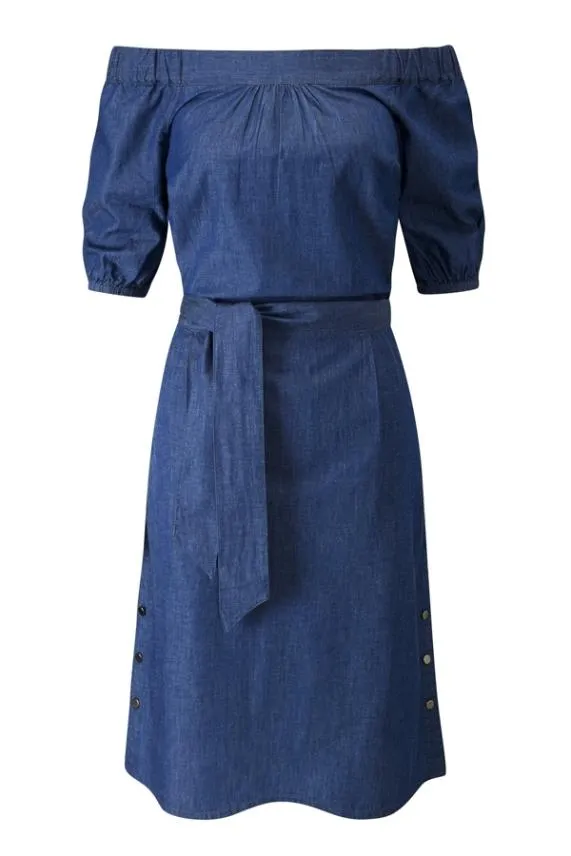 Sosandar Indigo Denim Bardot Dress With Pockets Indigo Women Dresses